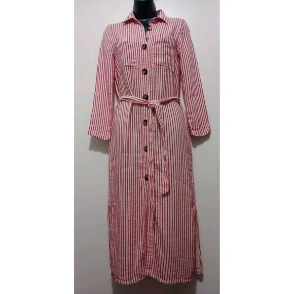 Zara Woman Striped Midi Shirt Dress XS Button Front Red & White Belted Pockets - Picture 5 of 12